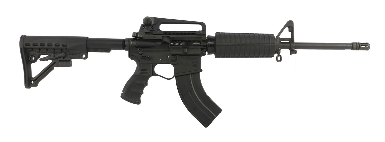 CUSTOM AR-47 7.62X39 AR-15 PATTERN SEMI AUTO RIFLE: Custom AR-47 semi-automatic rifle. Barrel length 16 inches (1/10 twist). Plum Crazy Firearms Gen II polymer lower receiver, Anchor Harvey-marked aluminum flat top upper receiver with carry handle, A2