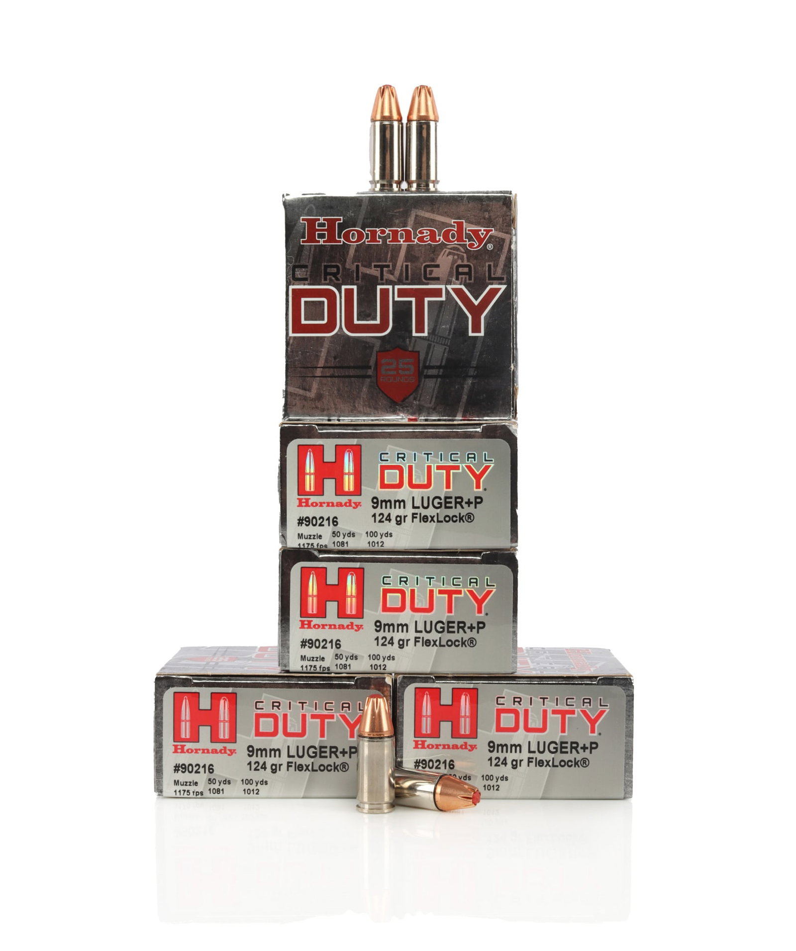 125 ROUND HORNADY CRITICAL DUTY FLEXLOCK 9MM AMMO: Lot includes: 5 boxes of 25ct Hornady Critical Duty 9mm Luger Pistol 124gr ammunition. Loaded with FlexLock professional performance handgun bullet. Like new in box.