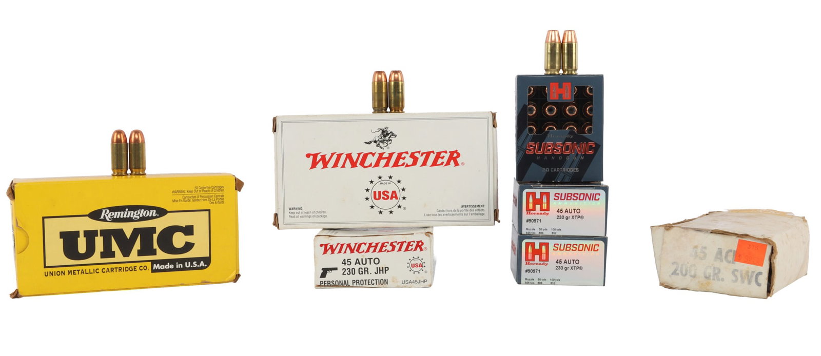 220+ ROUNDS OF ASSORTED 45 AUTOMATIC AMMO: Lot includes: 3 boxes of 20ct Hornady Subsonic 45 A 230gr XTP cartridges. 2 boxes of 50ct Winchester 45 A 230gr JHP cartridges. 1 box of 50ct Remington UMC 45 A 230gr cartridges. 1 box ~20ct+ unidenti