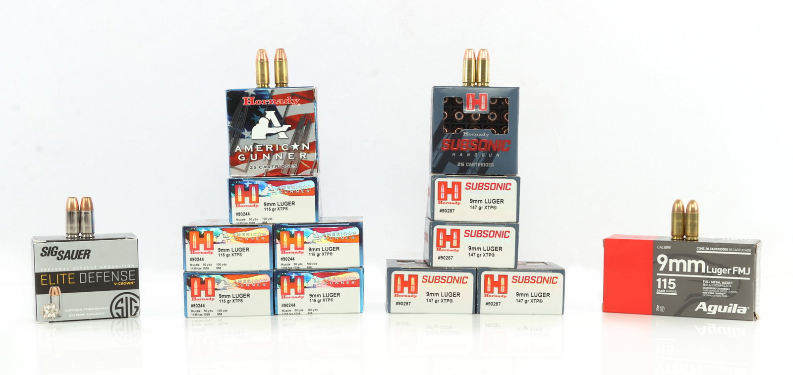 345 ROUNDS ASSORTED 9MM LUGER AMMO: Lot includes: 5 boxes of 25ct Hornady Subsonic 9mm L 147 gr XTP bullet. 6 boxes of 25ct Hornady American Gunner 9mm L 115 Gr XTP bullet. 1 box of 20ct Sig Sauer Elite Defense V-Crown 9mm L 147gr JHP b