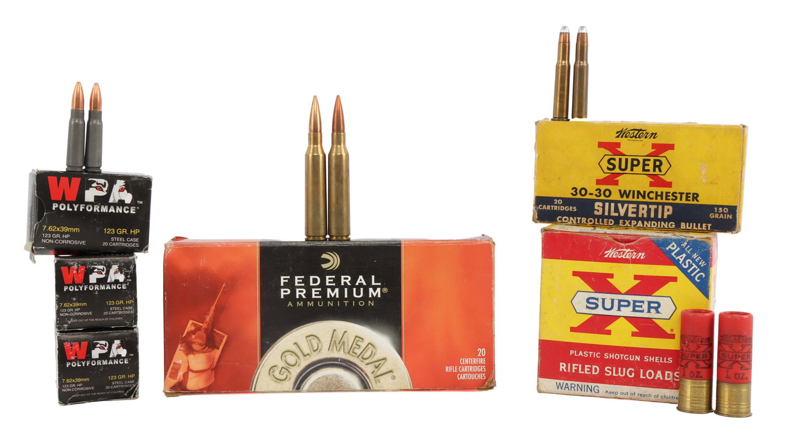 762 30-30 WIN 338 LAPUA 12GA ASSORTED AMMO LOT: Lot includes: 9ct unfired rounds & 9ct spent cases of Federal Premium 338 Lapua 250gr. 7ct rounds of Western SuperX 30-30 Win 150gr. 3 boxes of 20ct WPA 7.62x39m 123gr hollow point. 13ct loads of West