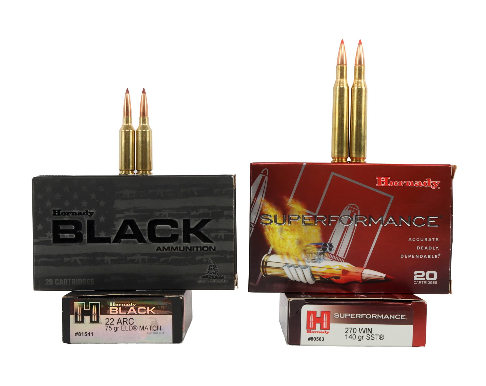 80 ROUND MIXED HORNADY 22 ARC 270 WIN AMMO LOT: Lot includes: 2 boxes 20ct Hornady Black 22 ARC 75gr ELD Match. 2 Boxes Hornady Superformance 270 Win 140gr SST. Like new in box.