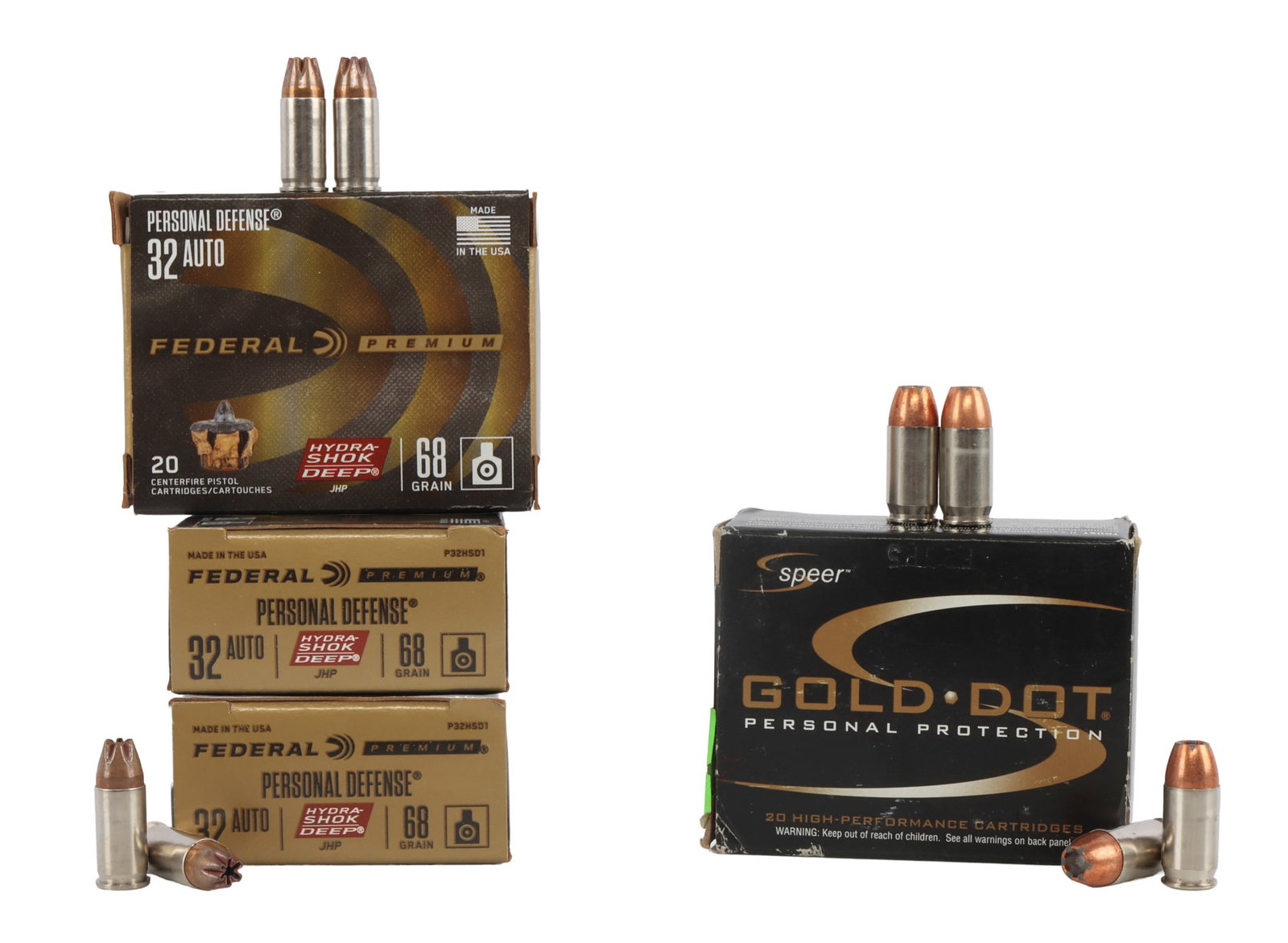 80 ROUNDS 32 380 AUTO PERSONAL DEFENSE HP AMMO LOT: Lot includes: 3 boxes of 20ct Federal Premium Personal Defense 32 Auto 68gr Hydra-Shok JHP cartridges. 1 box of 20ct Gold Dot Personal Protection 380 Auto 90gr GDHP cartridges. Like new in box.