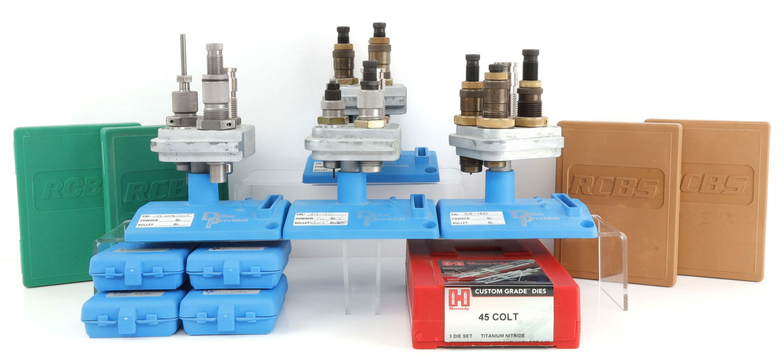 COWBOY CAL. RELOADING DIES RL550 TOOLHEADS 16 PCS: Lot of sixteen (16) pieces reloading tools for cowboy action revolver calibers. Includes RCBS/Hornady 3-die sets for 45 Long Colt, 44-40 WCF, 44 Special/44 Russian and 38-40 Winchester, as well as fou