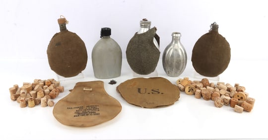 5 CANTEEN LOT ETCHED GERMAN PARTS CORKS U.S. COVER