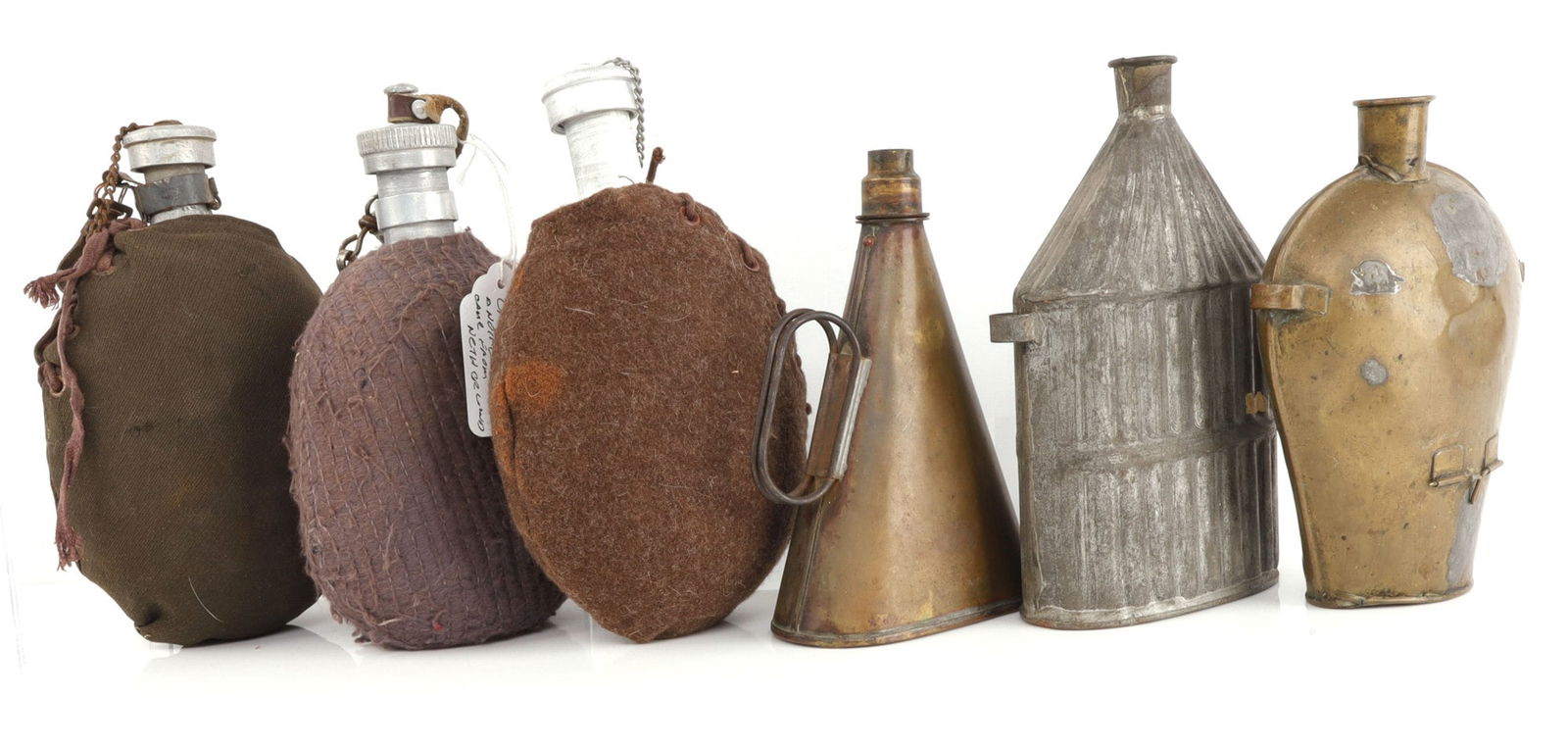 6 ANTIQUE MILITARY CANTEEN LOT EUROPEAN: Nice variety of canteens and probable powder flasks. # Without spouts.