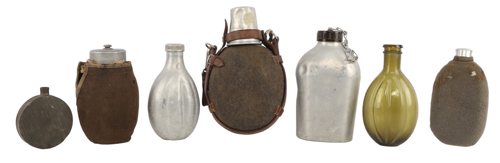 7 MILITARY CANTEEN LOT CHINA AUSTRIA SWISS POLAND: Nice variety of early 20th century canteens, most have spouts, a couple do not. All good original condition.