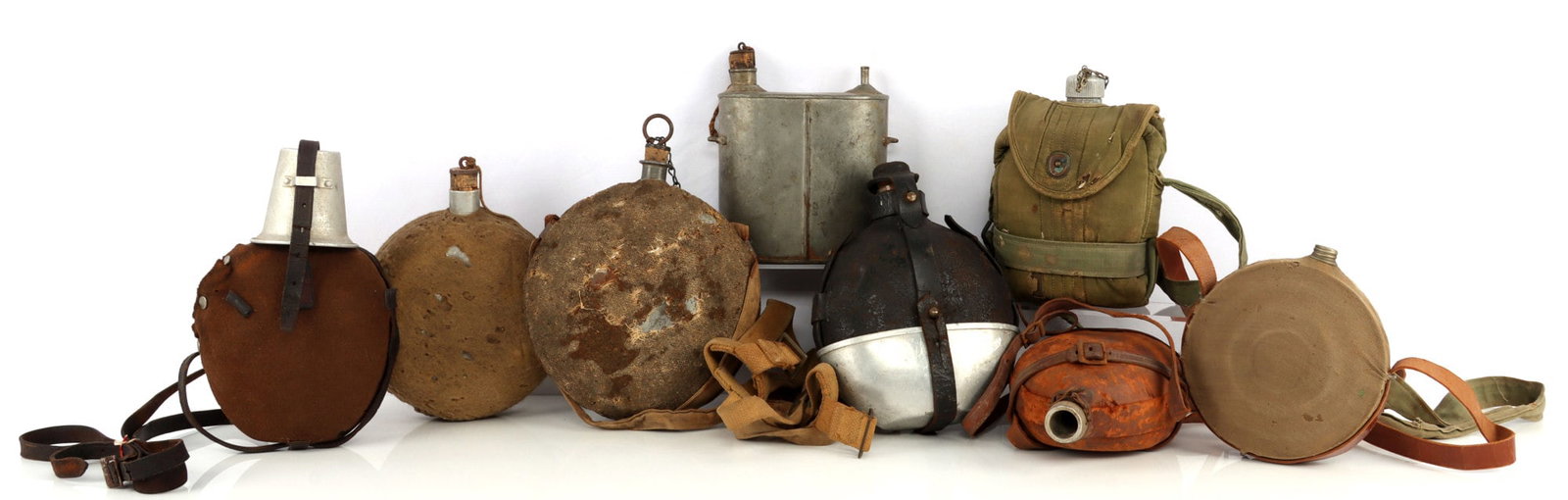 8 MILITARY CANTEEN LOT PORTUGAL GERMAN U.S BRITAIN: U.S. Civil War, Portugal, Germany, Britain, only 1 without spout. Nice varied grouping.