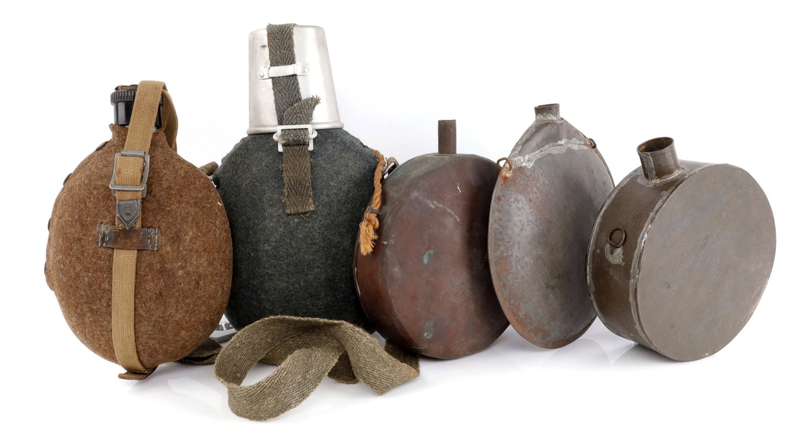 LOT OF 5 MILITARY CANTEEN CIVIL WAR ITALY JAPAN: Copper Japanese, Northern Africa Italy, possible Indian, U.S. Civil War.