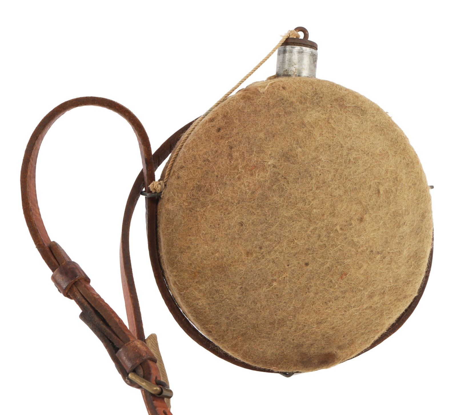 1916 CANADIAN CANTEEN BROAD ARROW MARKED: On the leather shoulder strap below buckle Broad Arrow over 8, on the strap at 6:00 stamped Ottawa 1916, has stopper, light mothing to cover.