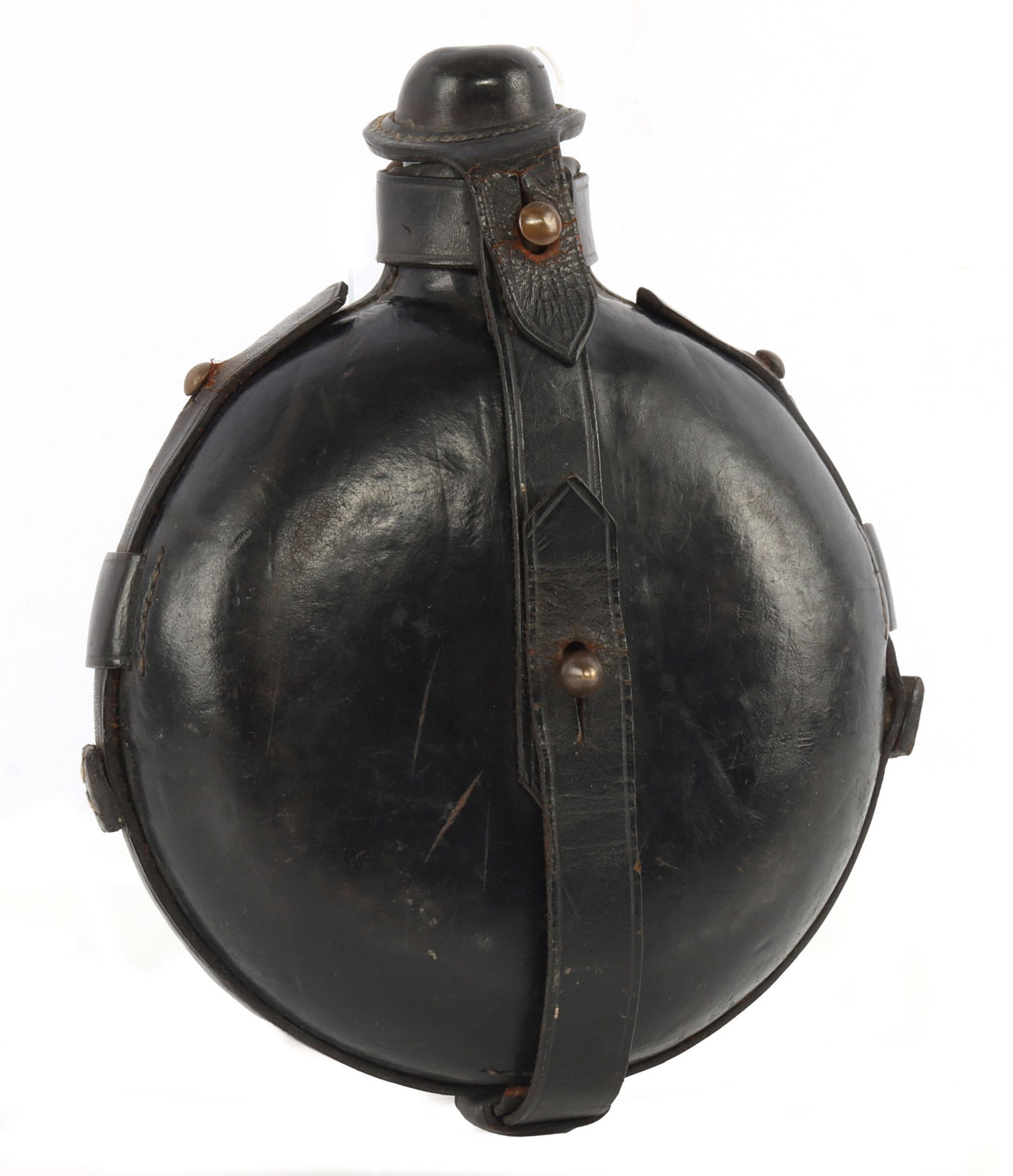 19TH CENTURY UNUSUAL GERMANIC STYLE CANTEEN: The seller collector believed this to be a Portugal or Spain German copy as it is not DRGM stamped. Leather covered including cap, canteen is glass, Unusual, very good original condition.