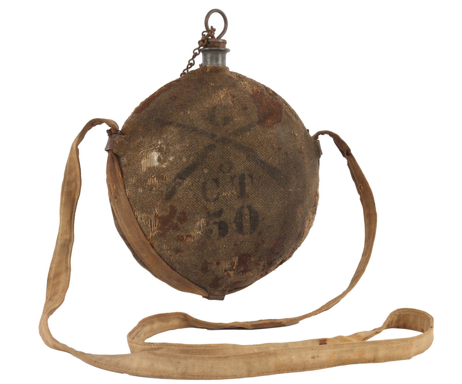 CIVIL WAR CANTEEN 1865 J C JONSON CONTRACT CT CO G: Connecticut Co. G 50th. Covered with strap, good original condition.