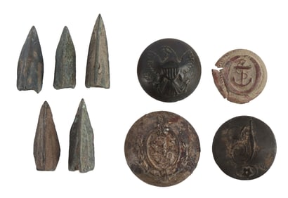 CIVIL WAR WAR OF 1812 BUTTONS & 5 ROMAN ARROWHEADS