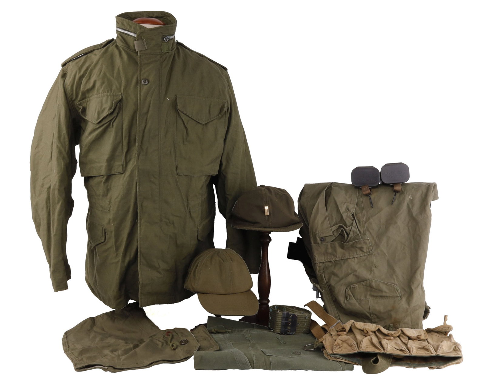 KOREAN VIETNAM WAR OLIVE DRAB UNIFORM & GEAR LOT: X Large trouser shell, 30 x 31 trousers, 2 ball caps, adjustable and 7 1/4, Chinese ammo pouch duty belt, up to size 38, medium regular field jacket.