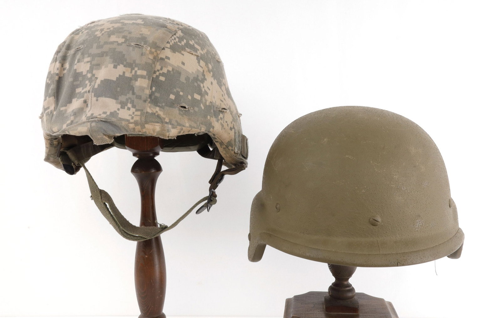 2 DESERT STORM PASGT HELMET LOT: The Urban Camo cover helmet is M-2 stamped, the coverless Li8 at internal crown, each is a large size.