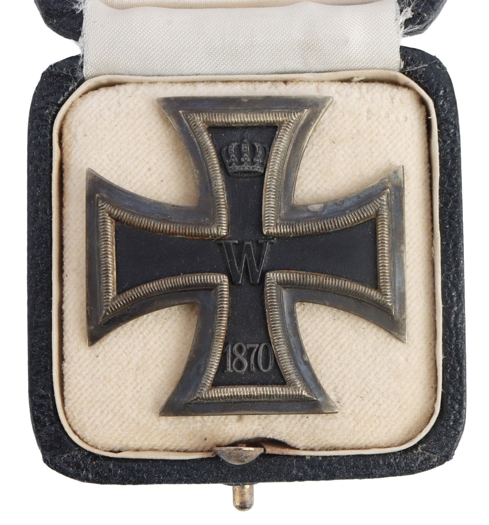 1870 IRON CROSS 1ST CLASS WITH CASE: Two piece soldered frame with magnetic core. It measures 1 3/4 inches. Unmarked with pillow type back. Comes in fitted case. Very good condition. This lot has a reserve.