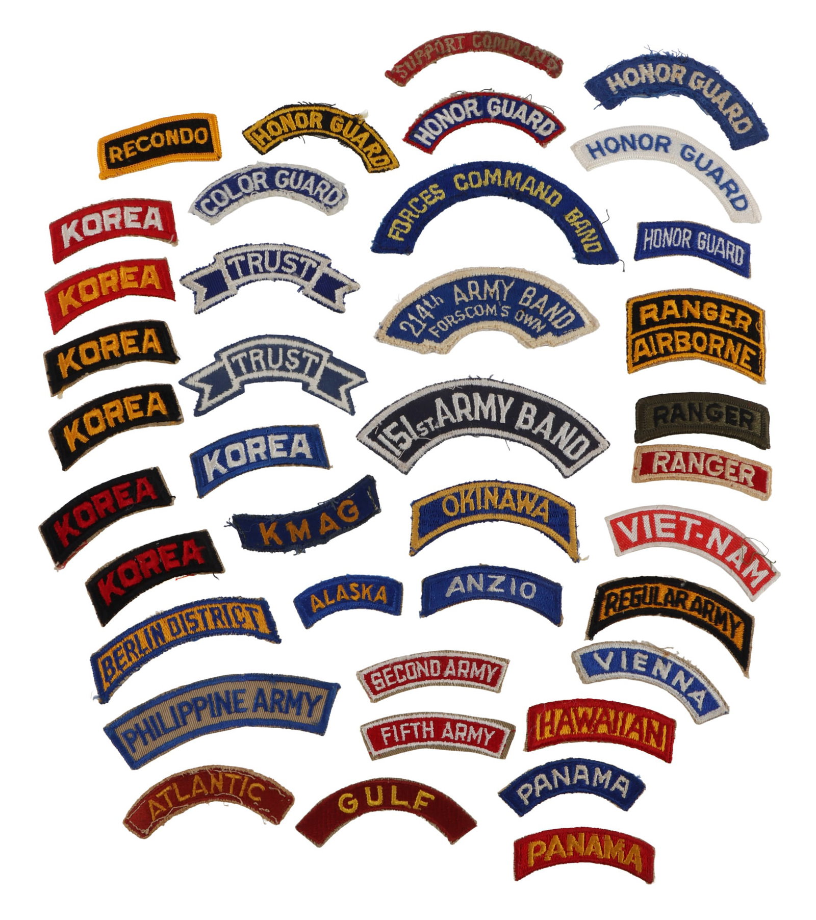 US MILITARY PATCH ROCKER TABS ASSORTED LOT OF 38: Assorted rocker patch tabs, from various time periods and theaters. Very good, original condition.