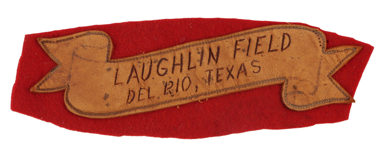 WWII LAUGHLIN FIELD DEL RIO TEXAS JACKET PATCH: Leather and felt, 7 x 2 1/2 inches. Very good original condition.