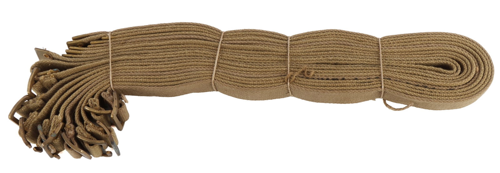 WWII BRITISH P1937 WEBBING 2FT UTILITY STRAP LOT 8: Unissued bundle of 8 British pattern 1937 2-foot utility straps with brass buckles. Marked "Bagcraft," broad arrow, dated 1942. Very good condition.