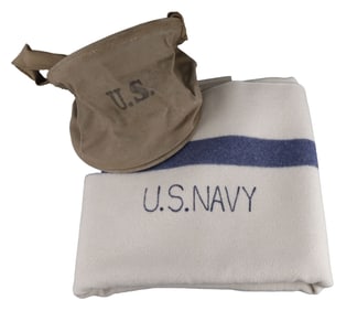 WWII US CANVAS WATER BUCKET & NAVY WOOL BLANKET