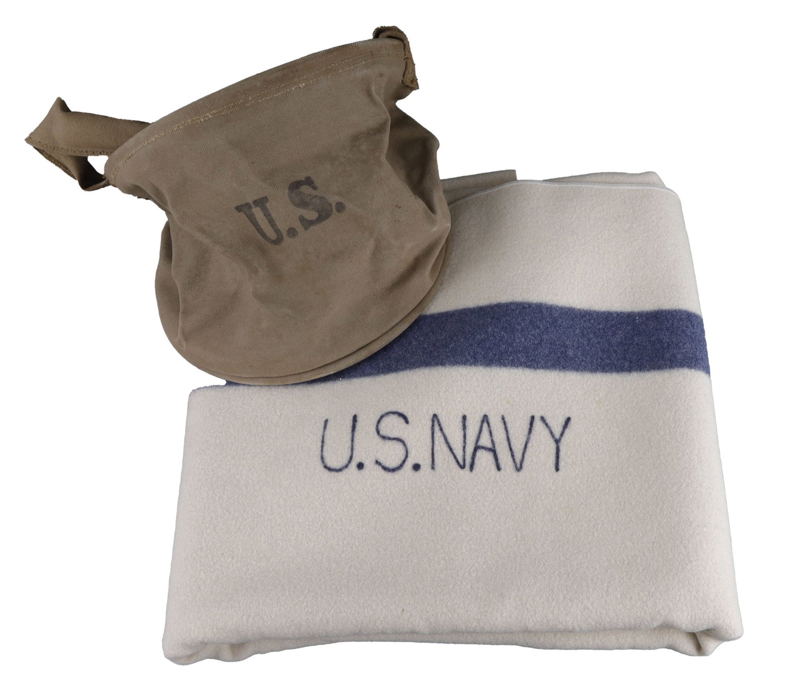 WWII US CANVAS WATER BUCKET & NAVY WOOL BLANKET: Lot of two (2) pieces. Water bucket marked "U.S." and "Avery 1943." Blanket has "U.S. Navy." Very good condition.