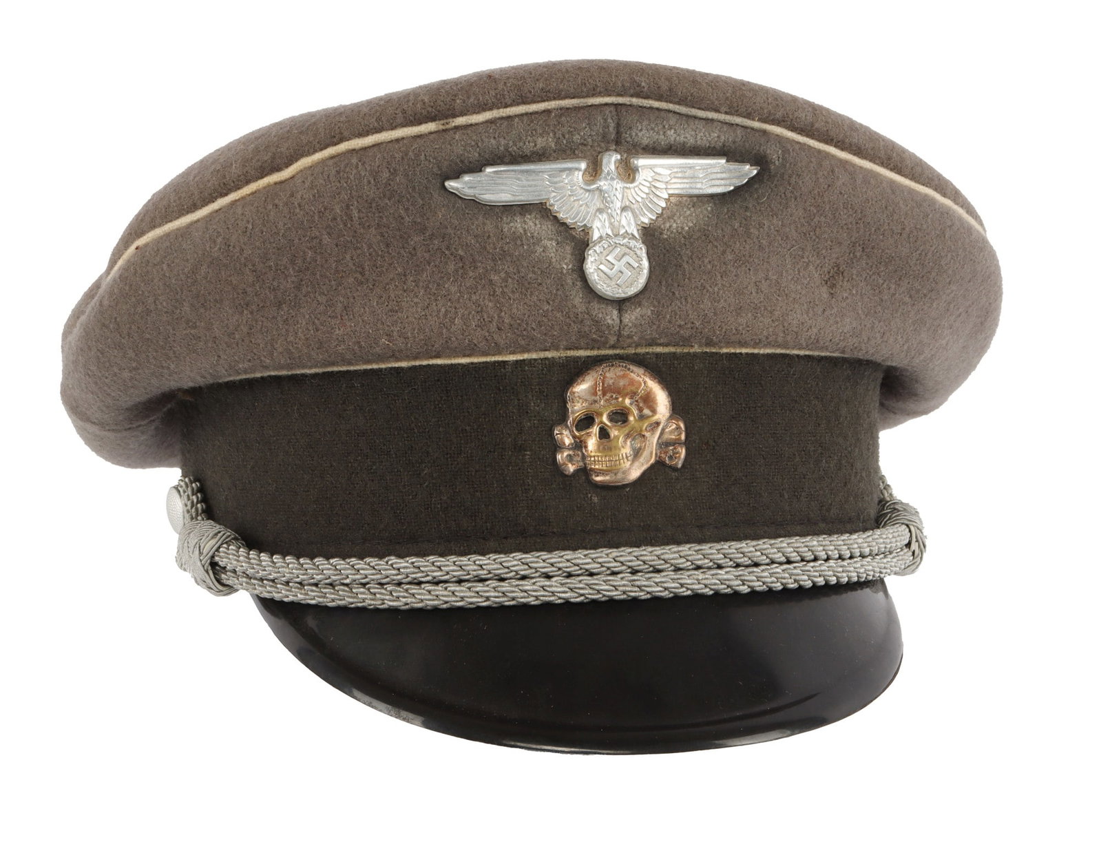 WWII GERMAN THIRD REICH WAFFEN-SS OFFICER VISOR: A visor for the Waffen-SS infantry. Green cloth construction with white piping and black band. Junior commissioned officer silver bullion strap. Historic interpreter's piece. Approximately a size 57. 