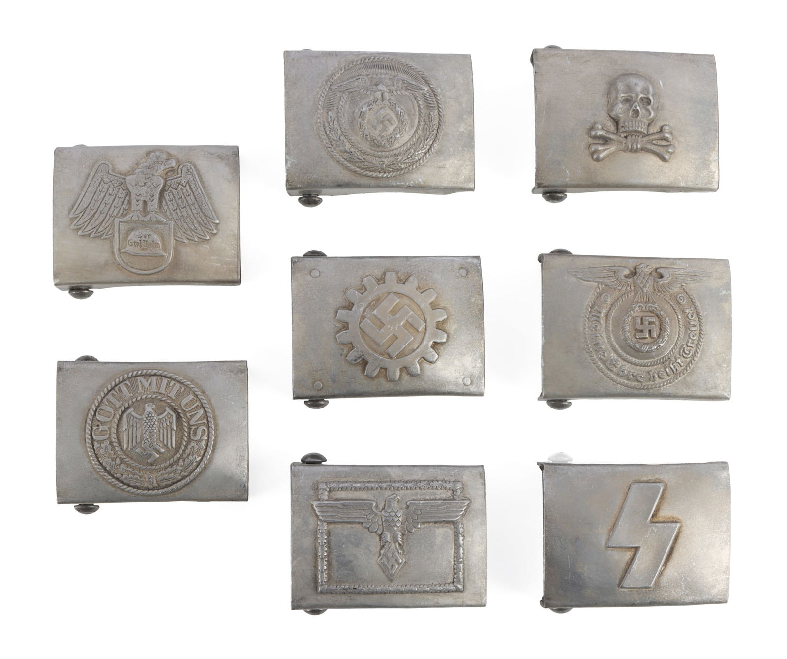 WWII GERMAN THIRD REICH BELT BUCKLES LOT OF 8: 1) SA. 2) Hitlerjugend student organization. 3) RAD. 4) Deutsche Jungvolk. 5) Stahlhelm. 6) Heer. 7) WWI Frontheit. 8) SS EM. Unauthenticated, sold as is.