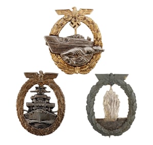 LOT OF 3 WWII GERMAN KRIEGSMARINE NAVAL BADGES