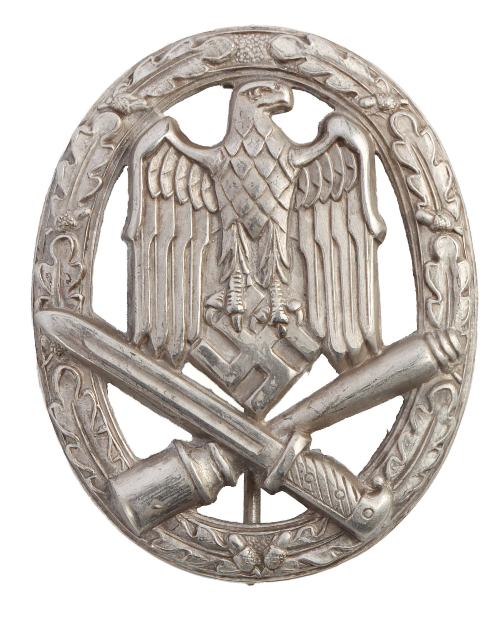 WWII GERMAN GENERAL ASSAULT BADGE: Hollow back stamp type with no maker mark. It measures 2 inches. This lot has a reserve.