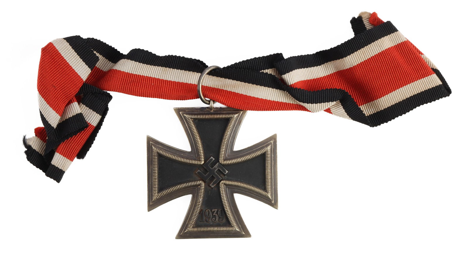 WWII GERMAN IRON CROSS 2ND CLASS IRON CROSS: Two piece silver frame with solid iron core. It measures 1 3/4 inches. The ring is marked 65 for Klein & Quenzer. Original ribbon. This lot has a reserve.