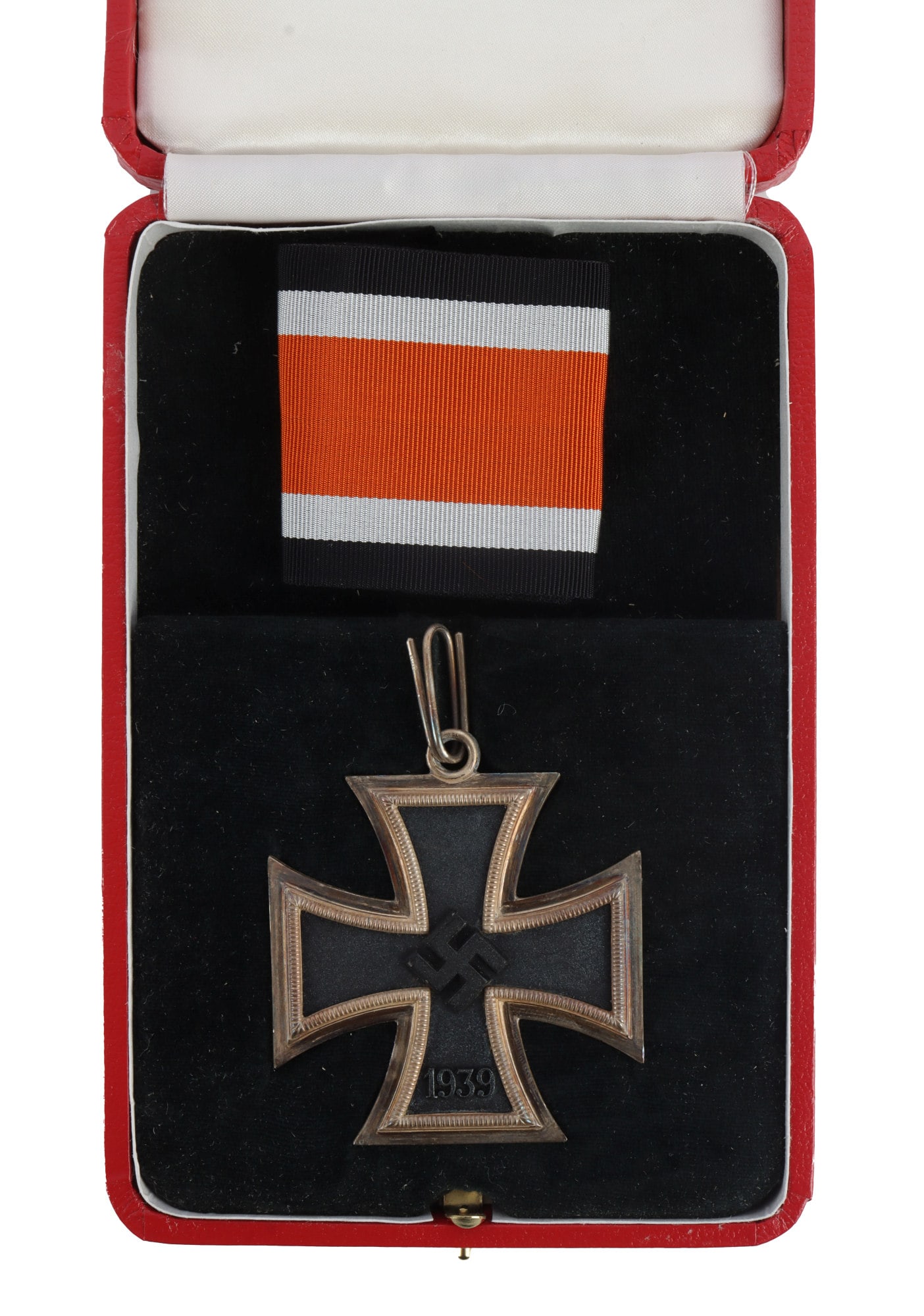 WWII GERMAN REICH GRAND IRON CROSS WITH CASE: Two piece silver frame with magnetic core. High relief swastika . Cross is marked L/12 and 800 for Juncker. Ribbon loop is marked 800. Comes with early orange ribbon and fitted case. Measures 2 1/2 in