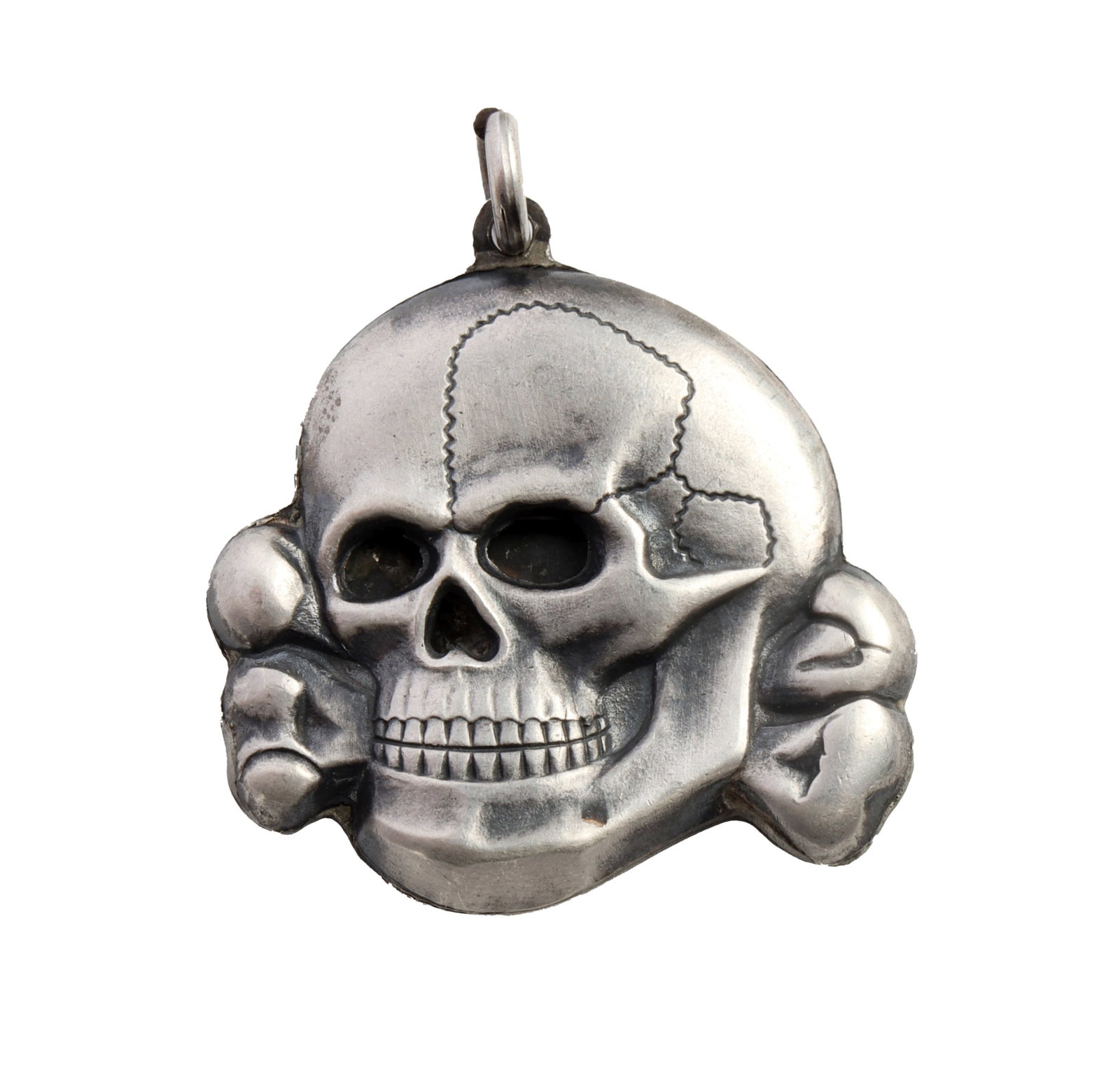WWII GERMAN SS TOTENKOPF 925 SILVER PENDANT: Die-stamped sterling Totenkopf pendant. Marked on reverse "925 RP." Width 1.25 inches. Gross weight 12 grams. Very good condition. This lot has a reserve.