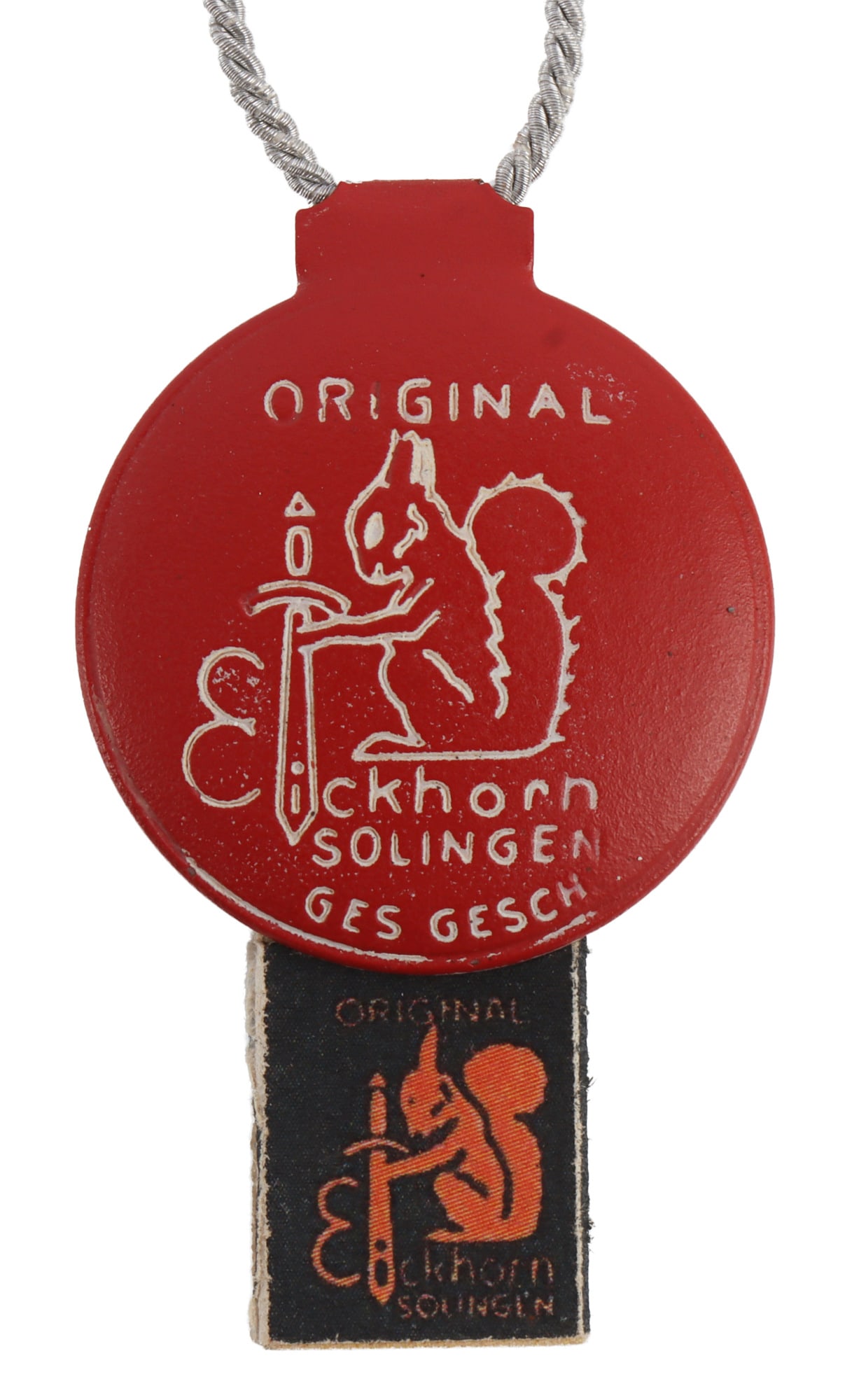 WWII GERMAN EICKHORN QUALITY CONTROL TAG: Complete with paper guarantee. Steel construction with red paint. Silver bullion wire cord. Measures 1 1/4 inches. This lot has a reserve.