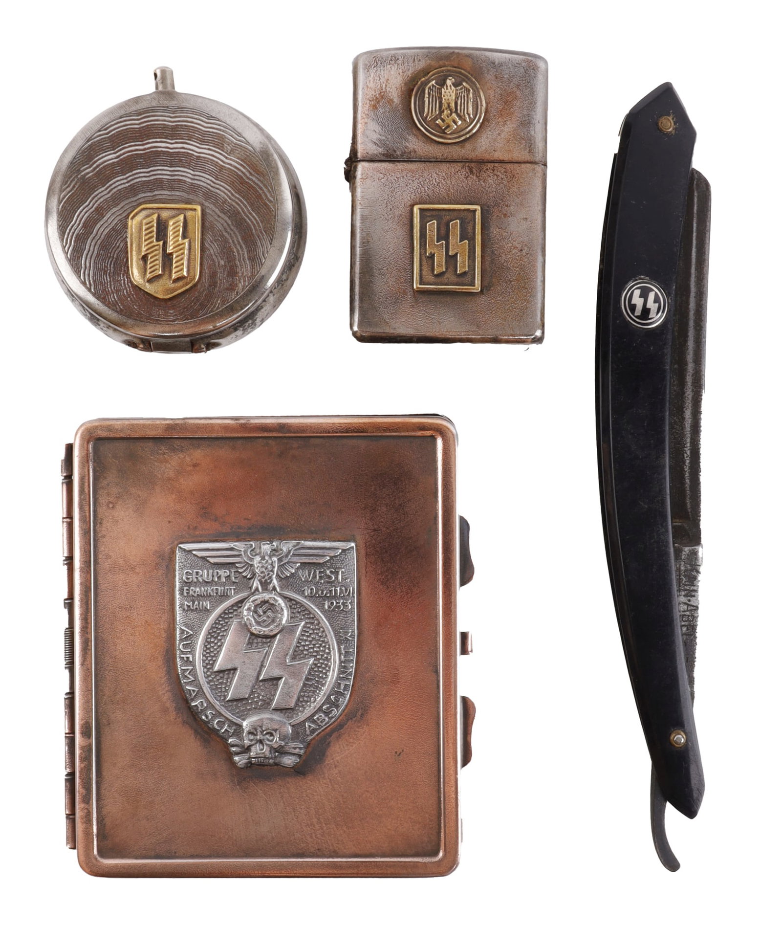 WWII GERMAN REICH PERSONAL EFFECTS LOT OF 4: Four personal items. 1) SS straight razor. 2) SS cigarette case. 3) SS lighter. 4) SS personal ashtray. All unauthenticated, sold as is.