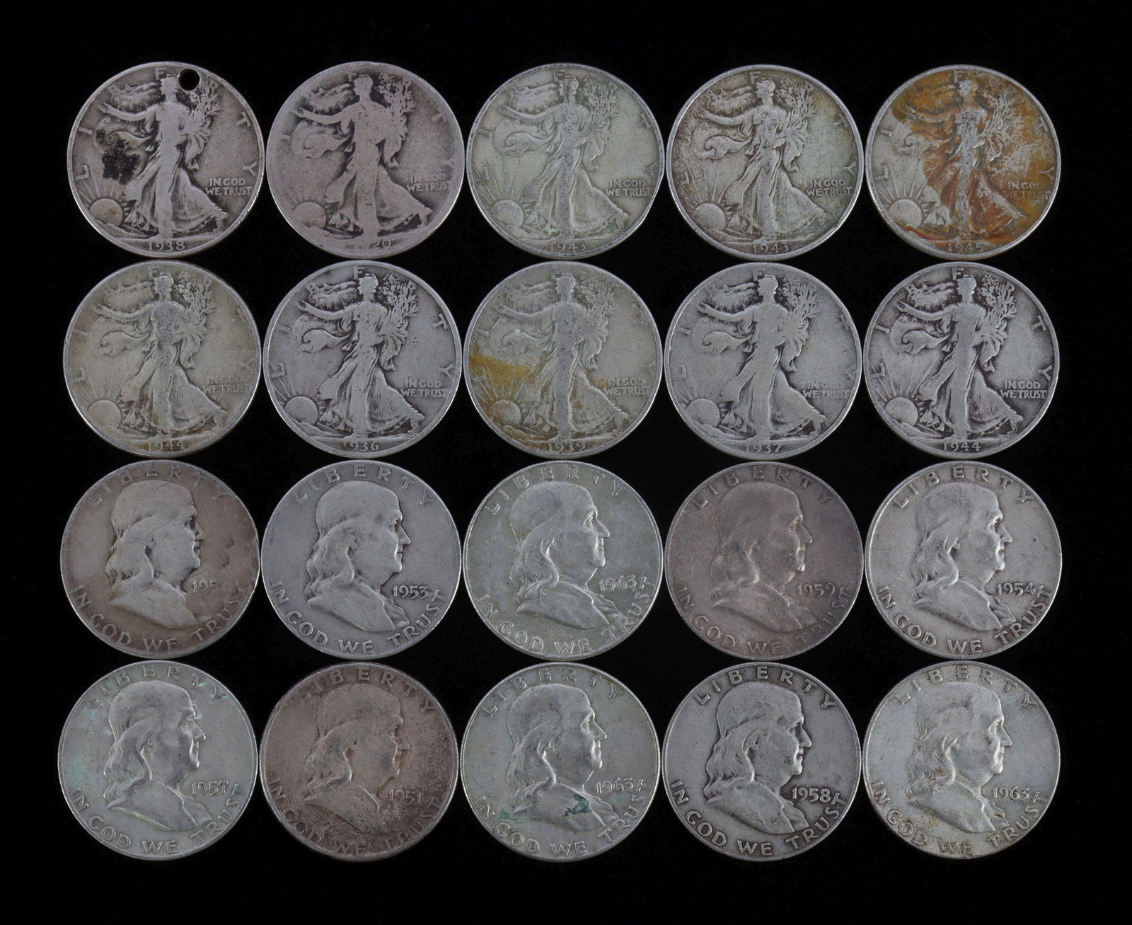 $10 FACE 90% SILVER WALKING & FRANKLIN HALF DOLLAR: All common dates from circulation, all pre 1964. This lot reserved at melt.