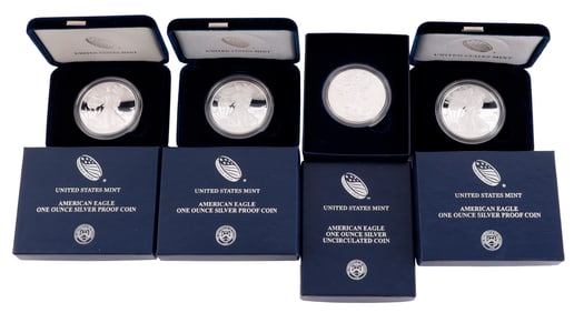LOT OF FOUR CASED US SILVER AMERICAN EAGLES