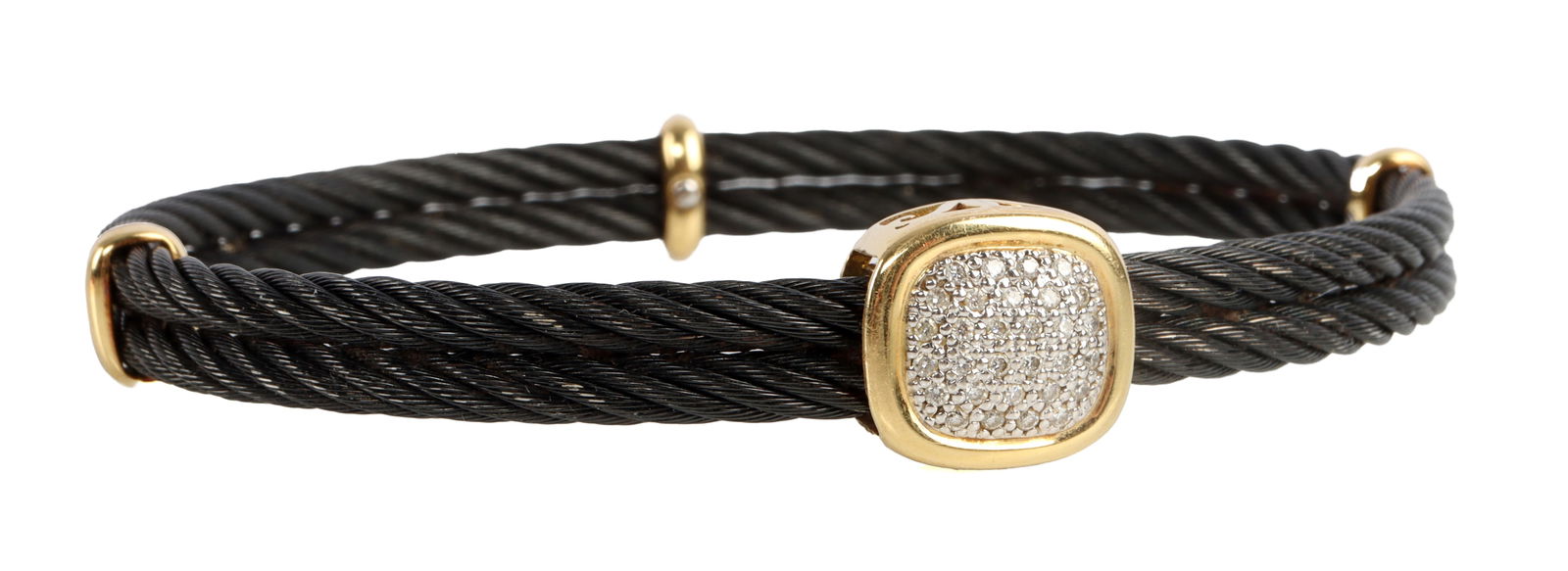 PHILIPPE CHARRIOL 18KT GOLD AND DIAMOND BRACELET: 18KT and diamond bracelet with stainless steel bracelet. Interior diameter measures 17mm approximately. Very good condition. This lot has a reserve.