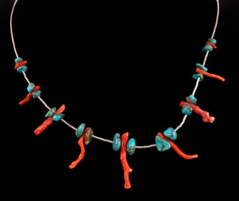NATIVE AMERICAN NAVAJO TURQUOISE & CORAL NECKLACE