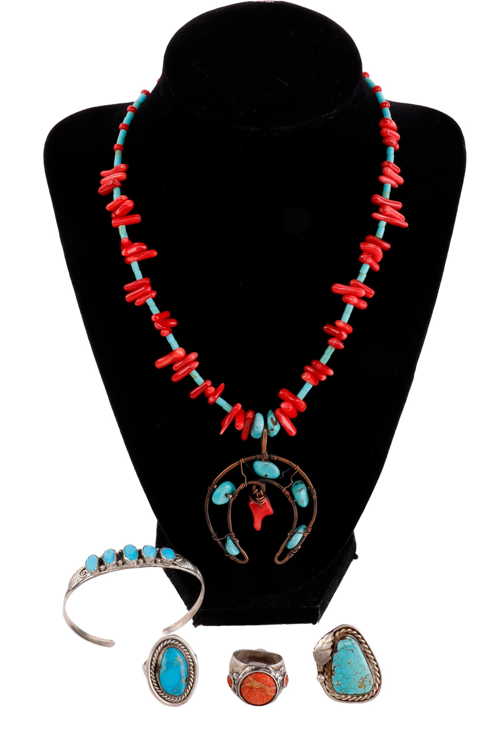 NATIVE AMERICAN SOUTHWEST JEWELRY LOT OF 5 SILVER: Five jewelry items from the American south west. 1) Coral and turquoise Naja necklace. 2) Turquoise ring, size 8. 3) Coral ring, size 8. 4) Turquoise ring, size 9. 5) Turquoise cuff. All but the Naja 