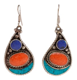 NATIVE NAVAJO SILVER TURQUOISE & CORAL EARRINGS