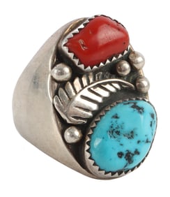 NATIVE NAVAJO SILVER TURQUOISE & CORAL RING