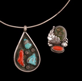 NAVAJO SILVER RING & NECKLACE WITH TURQUOISE CORAL