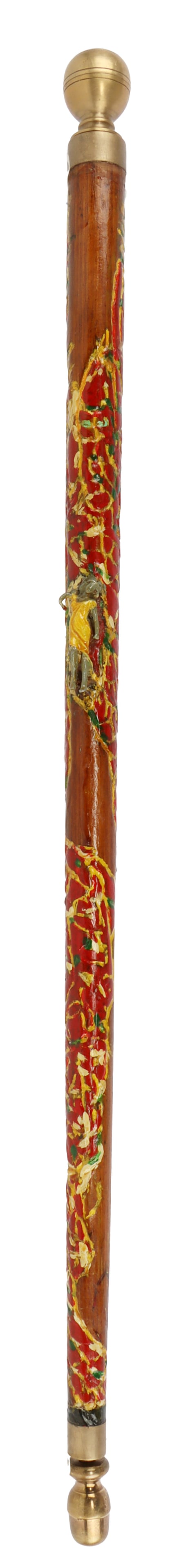 FIGURAL PAINTED DEVIL HEAD WALKING STICK CANE: Best described as figural painted cane, the ferrule is a round brass piece, not completely seated. Measures 33 inches, unique item.
