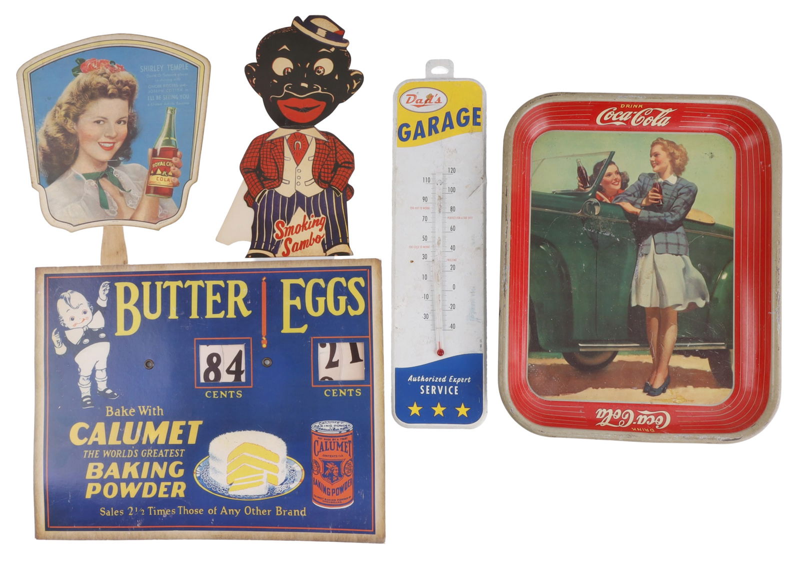 ADVERTISING SIGN LOT COCA COLA SMOKING SAMBO DADS: 10 X 13 Inch Coca Cola Tray, Smoking Sambo card board stand up, Butter Eggs, 11 x 14 inch, Dad's Garage Broken thermometer, and Shirley Temple Royal Crown Cola Fan.