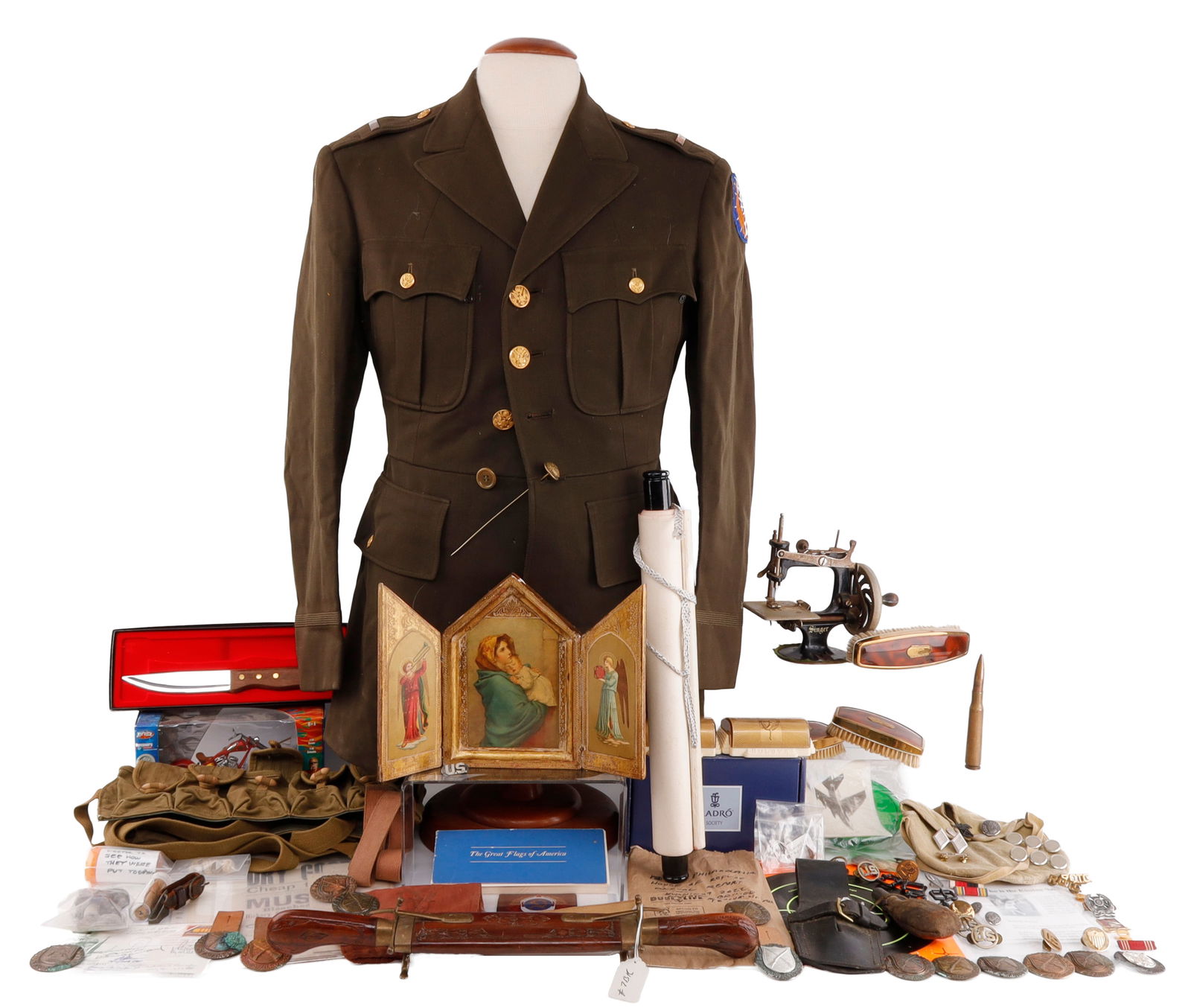 LARGE MILITARY GENERAL ANTIQUE & COLLECTIBLE LOT: Collectibles of every type, Huge variety, Asian items, Kissing Sailor claimants, military badges, Civil War buttons and detector finds, 1829 House of Refuge annual report, Chinese ammo pouch, Lladro,