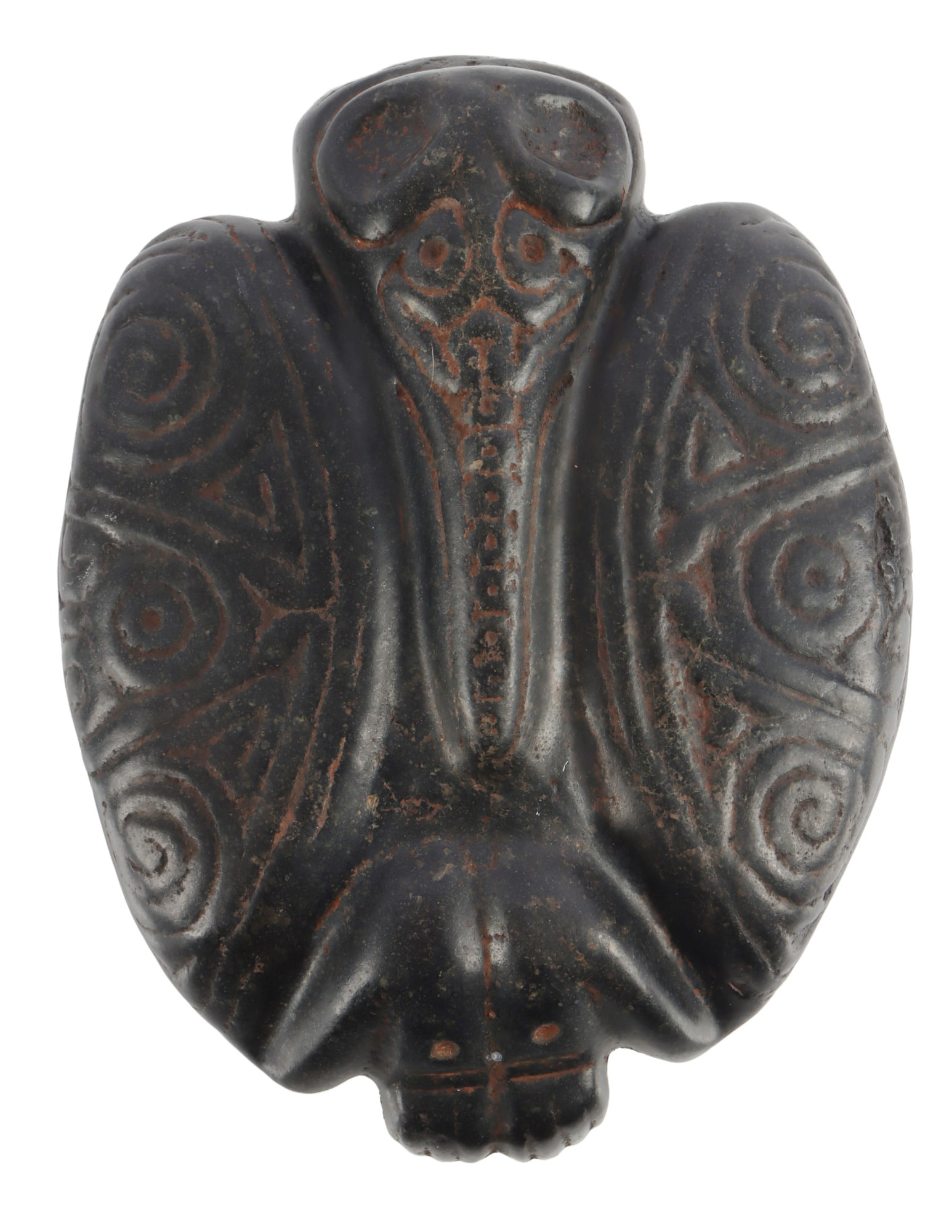 PRECOLUMBIAN TAINO BIRD MAN SHAMAN EFFIGY: Large bird man or shamanic figure with fully incised symbolic base. The long legs extending from the wings, a common design element used by Taino artisans. The beak is braced by two wings with complex