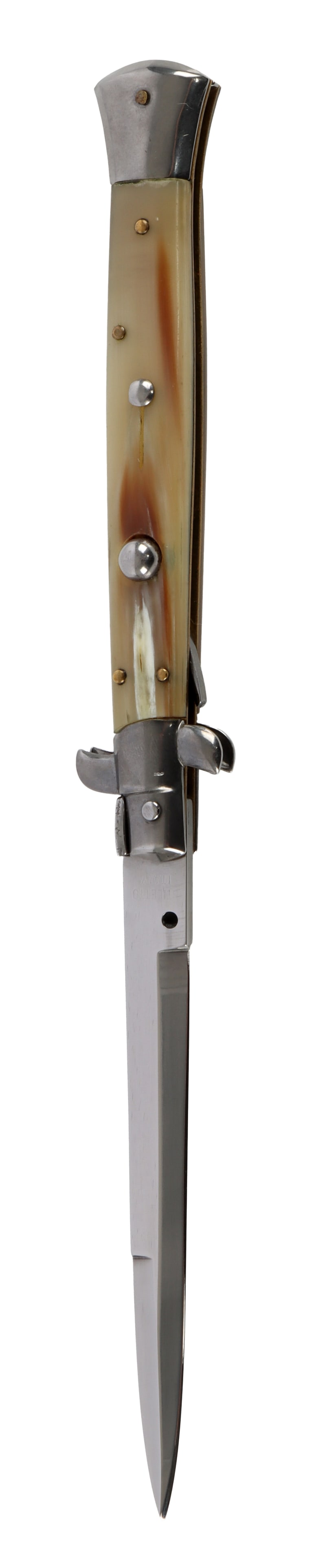 ITALIAN STILETTO SWITCH BLADE AUTOMATIC KNIFE: An Italian made stiletto switch blade, unmarked. Buffalo or cow horn handle. 5 inch blade. Very good, original condition.