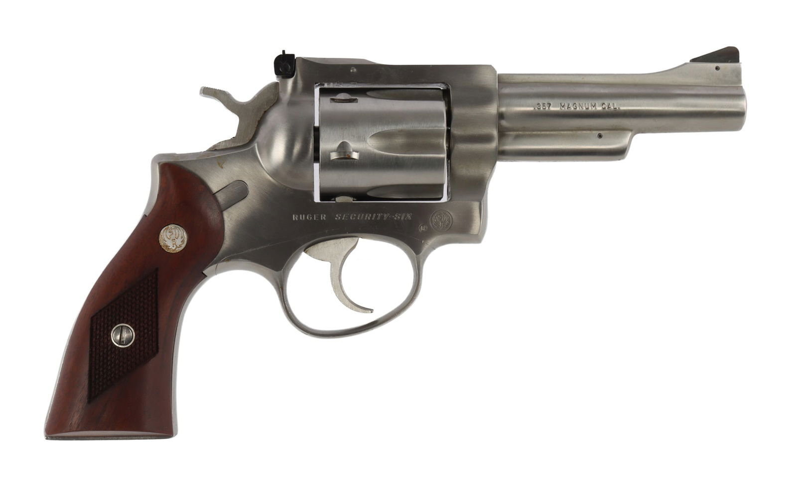 RUGER SECURITY SIX 4IN BBL .357 MAG REVOLVER: Ruger Security Six double-action revolver, ca. 1979 production. Barrel length 4 inches. Brushed stainless finish. As-new condition, with original packaging. FFL required for transfer. No international
