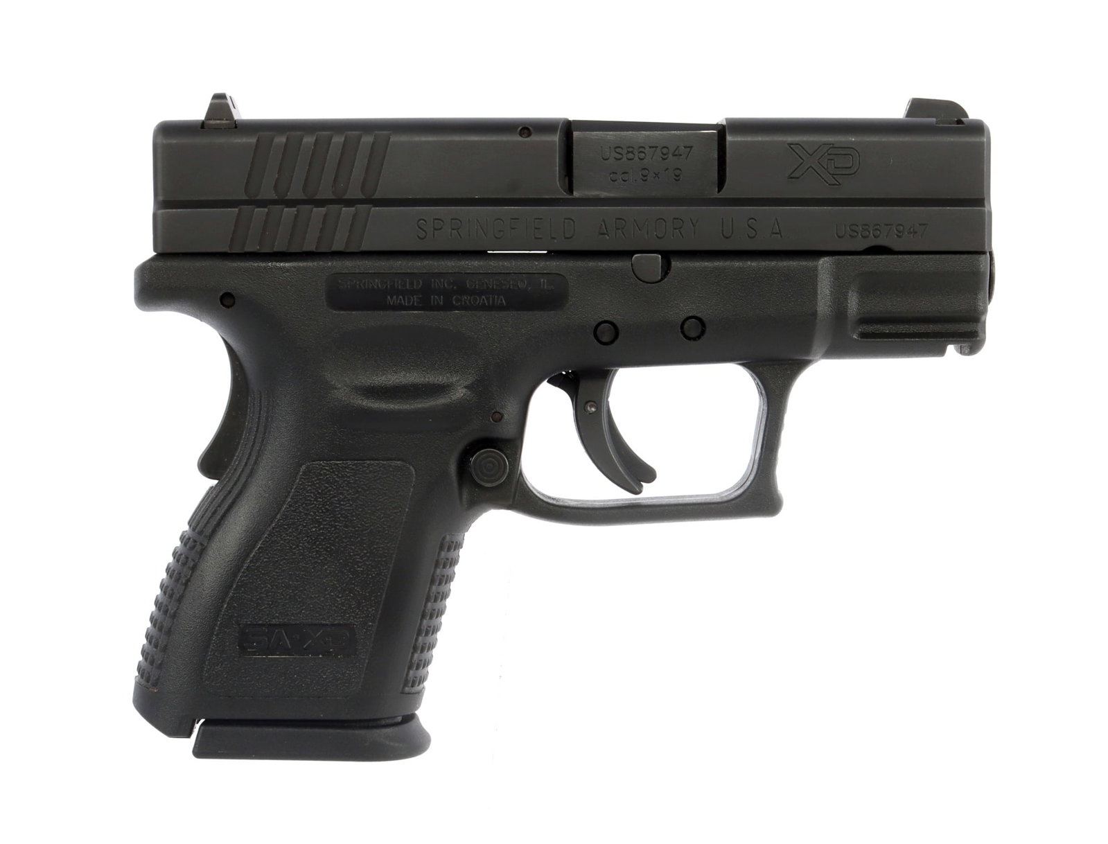 SPRINGFIELD ARMORY XD9 SUB-COMPACT 9MM PISTOL: Springfield Armory XD-9 Sub-Compact semi-automatic pistol. Includes two (2) magazines (1x10rd, 1x16rd). Very good condition. Mechanically fine, functions without issue. Bore is bright and clear. FFL r
