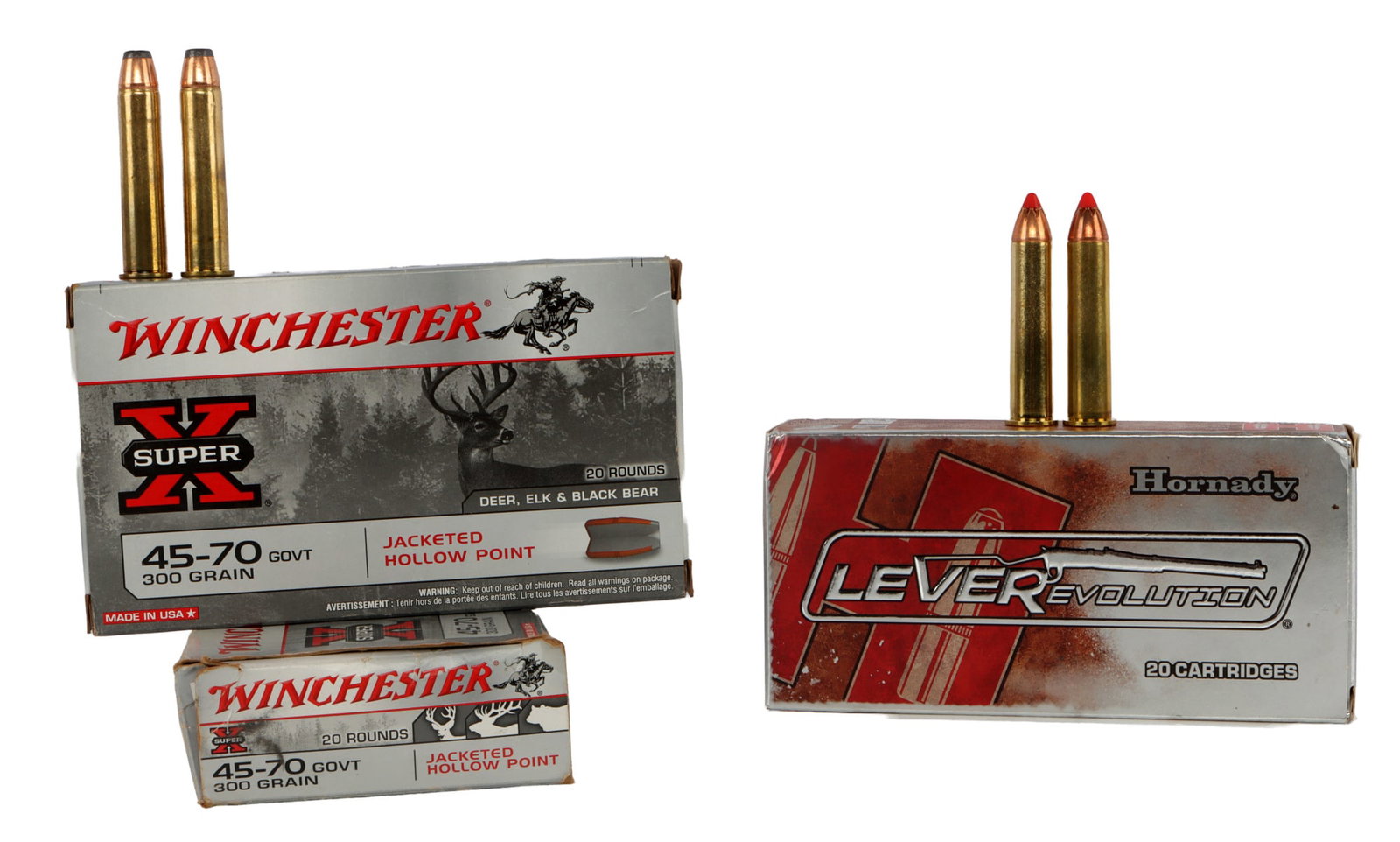 60 ROUNDS .45-70 GOVT JHP HUNTING AMMUNITION: Lot of 60 rounds factory new .45-70 Government centerfire rifle ammo. Includes 2 boxes Winchester Super X 300gr JHP and 1 box Hornady Leverevolution 250gr Monoflex. No international shipping. This lot